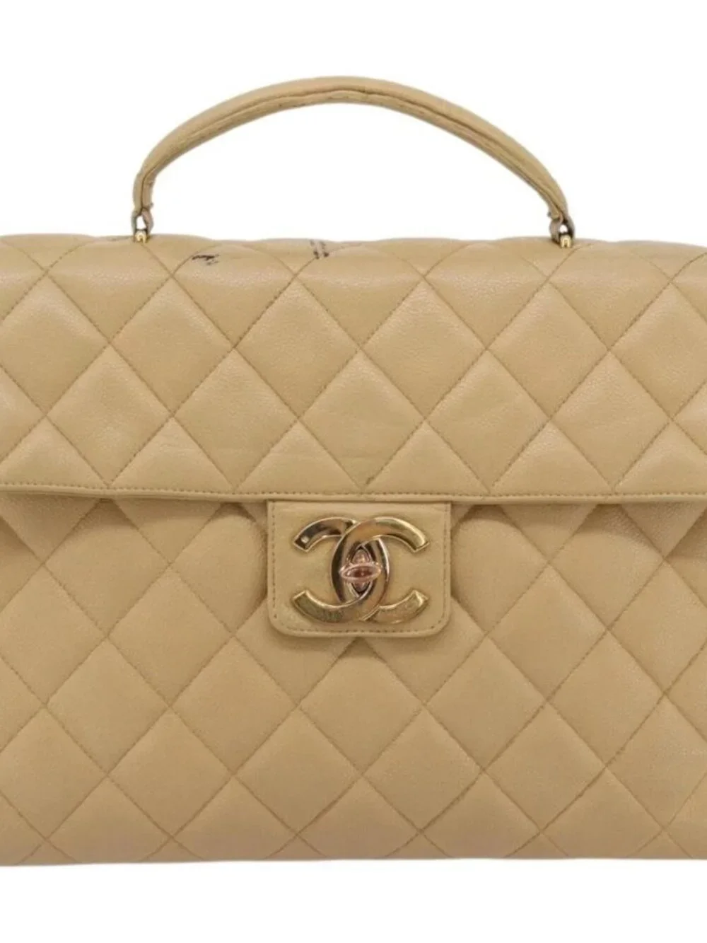 CHANEL Matelasse Business Bag Grained Calf Skin Beige Gold CC Auth bs35346